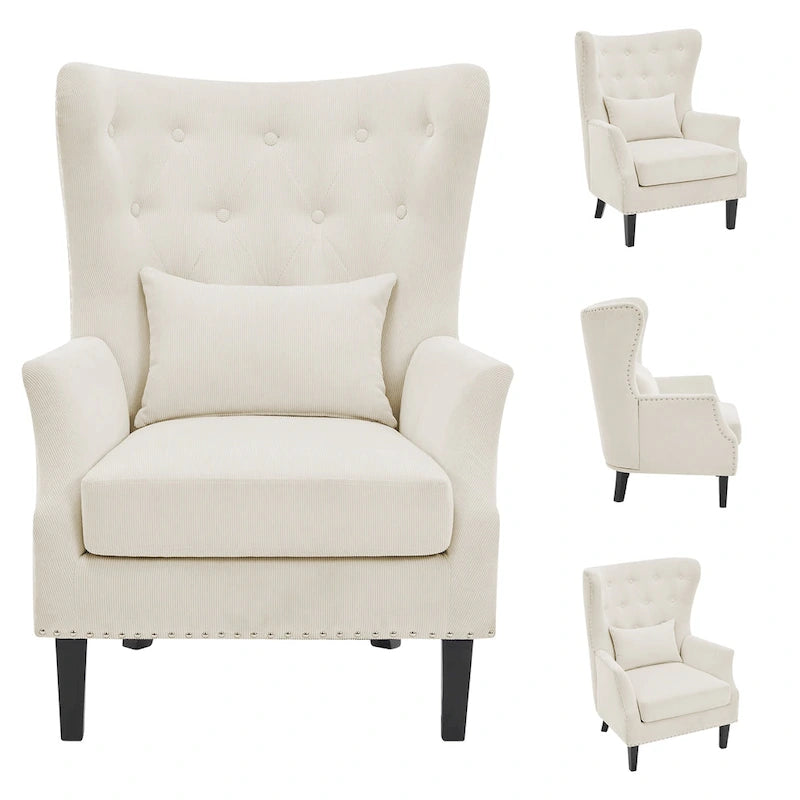 Fauteuil d'appoint dossier à oreilles en velours côtelé Myrtille / Noir moyen / Blanc crème – Une place