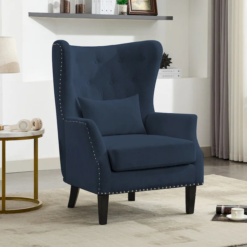 Fauteuil d'appoint dossier à oreilles en velours côtelé Myrtille / Noir moyen / Blanc crème – Une place