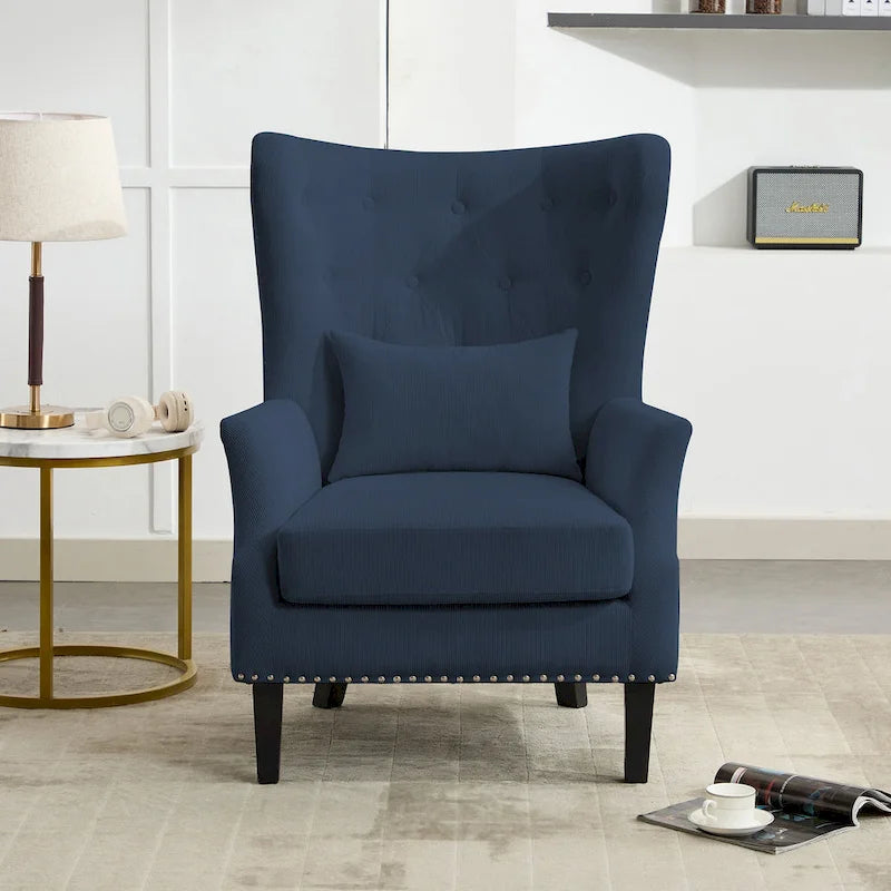 Fauteuil d'appoint dossier à oreilles en velours côtelé Myrtille / Noir moyen / Blanc crème – Une place