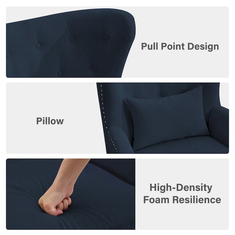 Fauteuil d'appoint dossier à oreilles en velours côtelé Myrtille / Noir moyen / Blanc crème – Une place