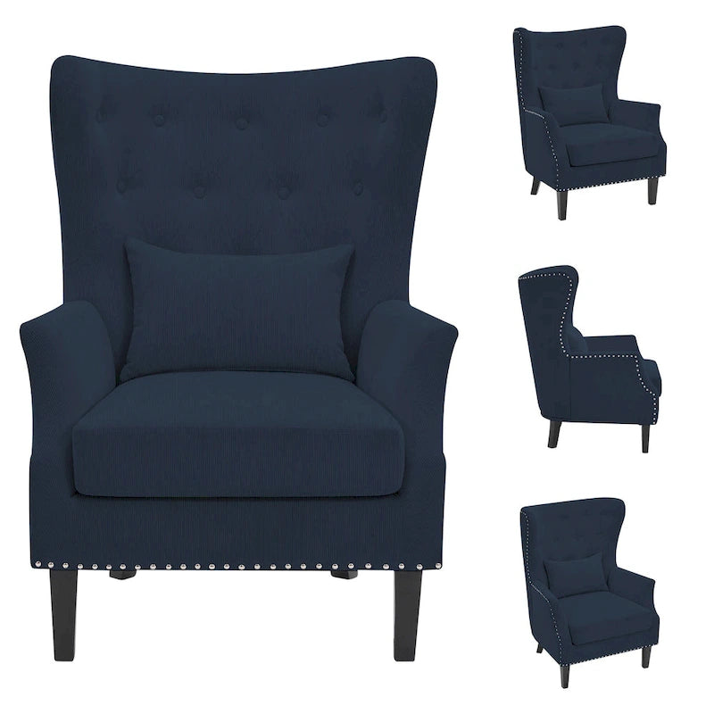 Fauteuil d'appoint dossier à oreilles en velours côtelé Myrtille / Noir moyen / Blanc crème – Une place