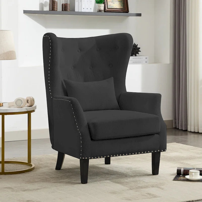 Fauteuil d'appoint dossier à oreilles en velours côtelé Myrtille / Noir moyen / Blanc crème – Une place