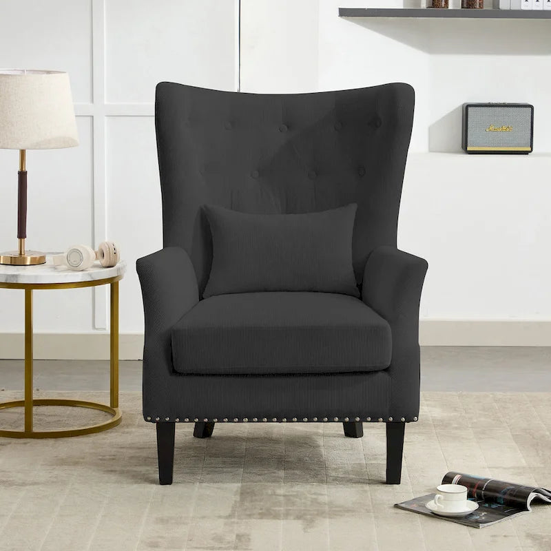 Fauteuil d'appoint dossier à oreilles en velours côtelé Myrtille / Noir moyen / Blanc crème – Une place