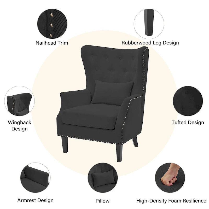 Fauteuil d'appoint dossier à oreilles en velours côtelé Myrtille / Noir moyen / Blanc crème – Une place