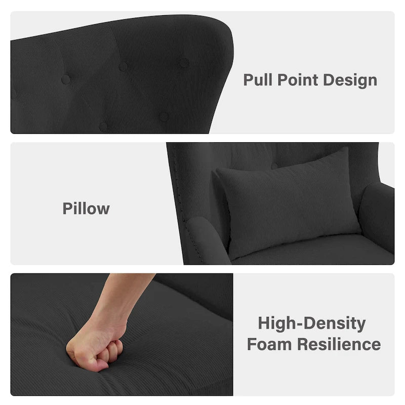 Fauteuil d'appoint dossier à oreilles en velours côtelé Myrtille / Noir moyen / Blanc crème – Une place