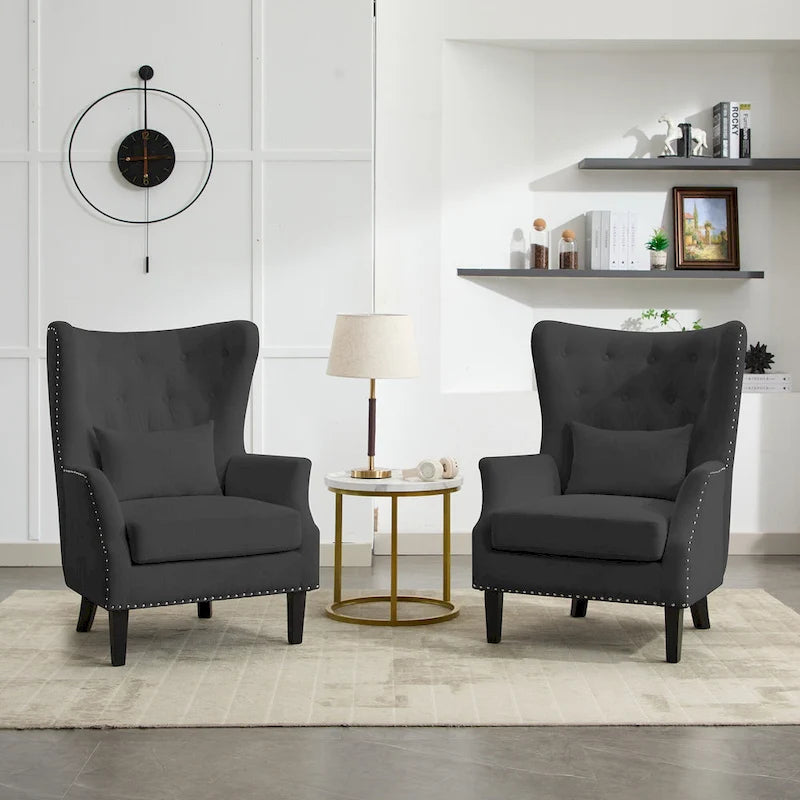 Fauteuil d'appoint dossier à oreilles en velours côtelé Myrtille / Noir moyen / Blanc crème – Une place