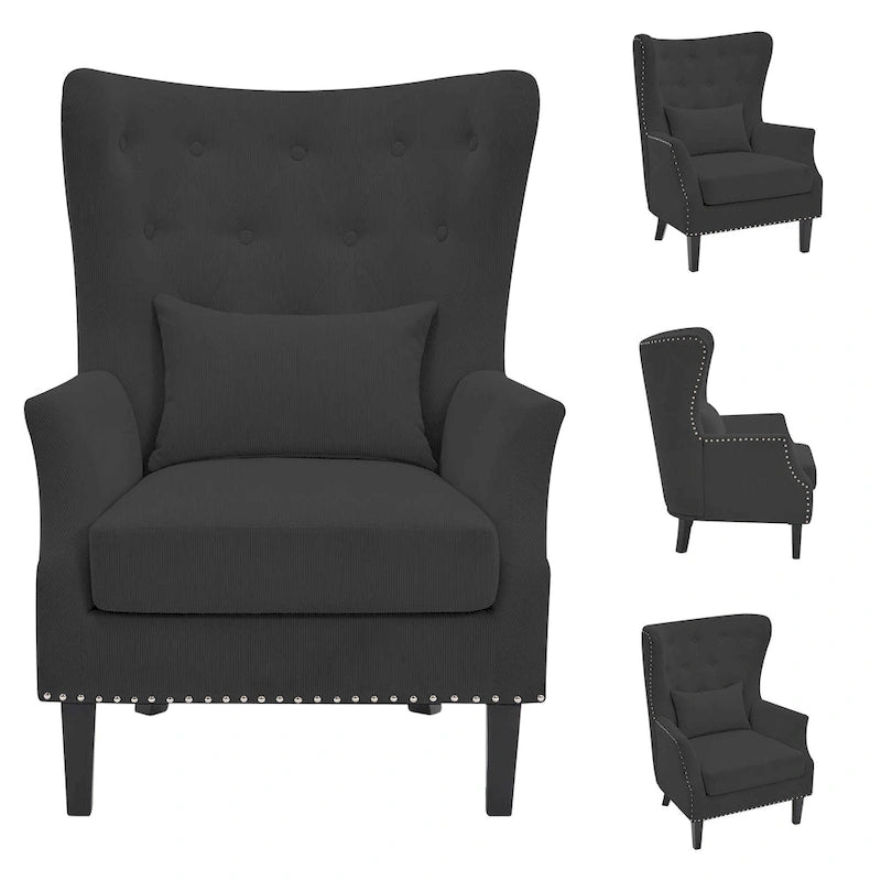 Fauteuil d'appoint dossier à oreilles en velours côtelé Myrtille / Noir moyen / Blanc crème – Une place