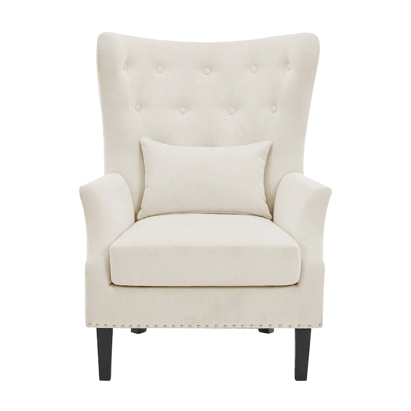 Fauteuil d'appoint dossier à oreilles en velours côtelé Myrtille / Noir moyen / Blanc crème – Une place
