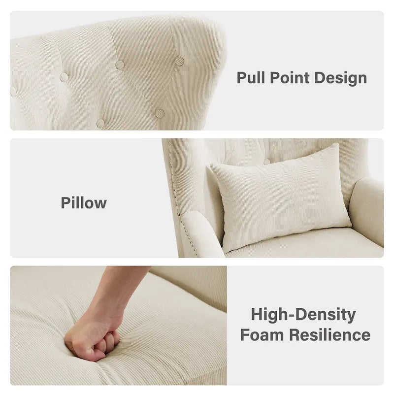 Fauteuil d'appoint dossier à oreilles en velours côtelé Myrtille / Noir moyen / Blanc crème – Une place