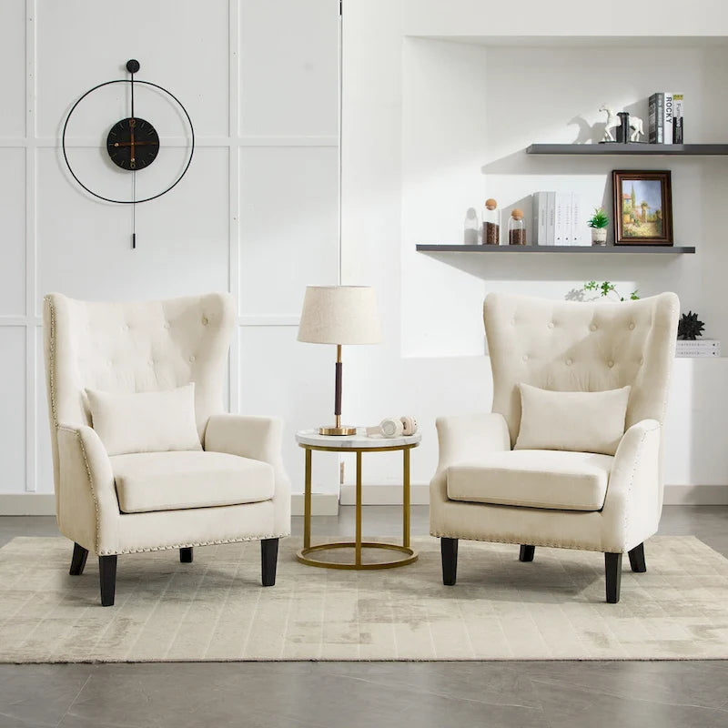Fauteuil d'appoint dossier à oreilles en velours côtelé Myrtille / Noir moyen / Blanc crème – Une place