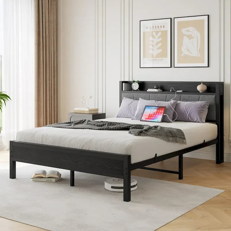 Cadre de lit plateforme Queen noir avec tête de lit de rangement, 1 personne, métal et bois