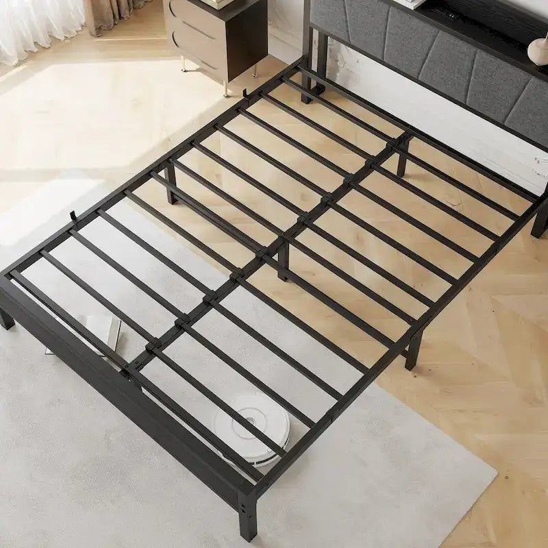 Cadre de lit plateforme Queen noir avec tête de lit de rangement, 1 personne, métal et bois