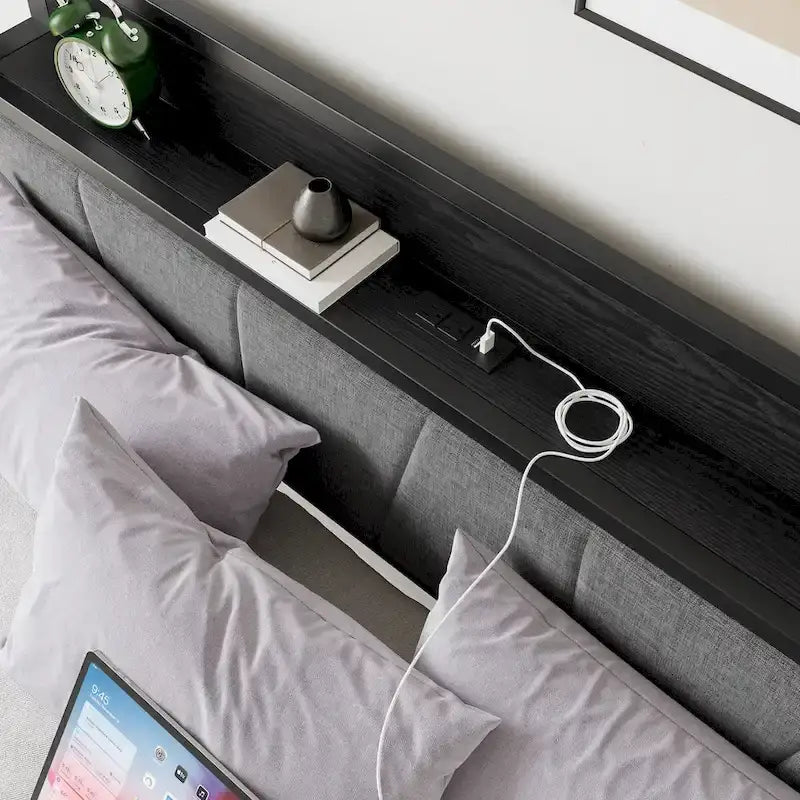 Cadre de lit plateforme Queen noir avec tête de lit de rangement, 1 personne, métal et bois