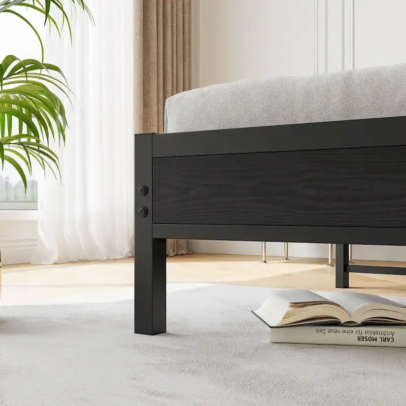 Cadre de lit plateforme Queen noir avec tête de lit de rangement, 1 personne, métal et bois