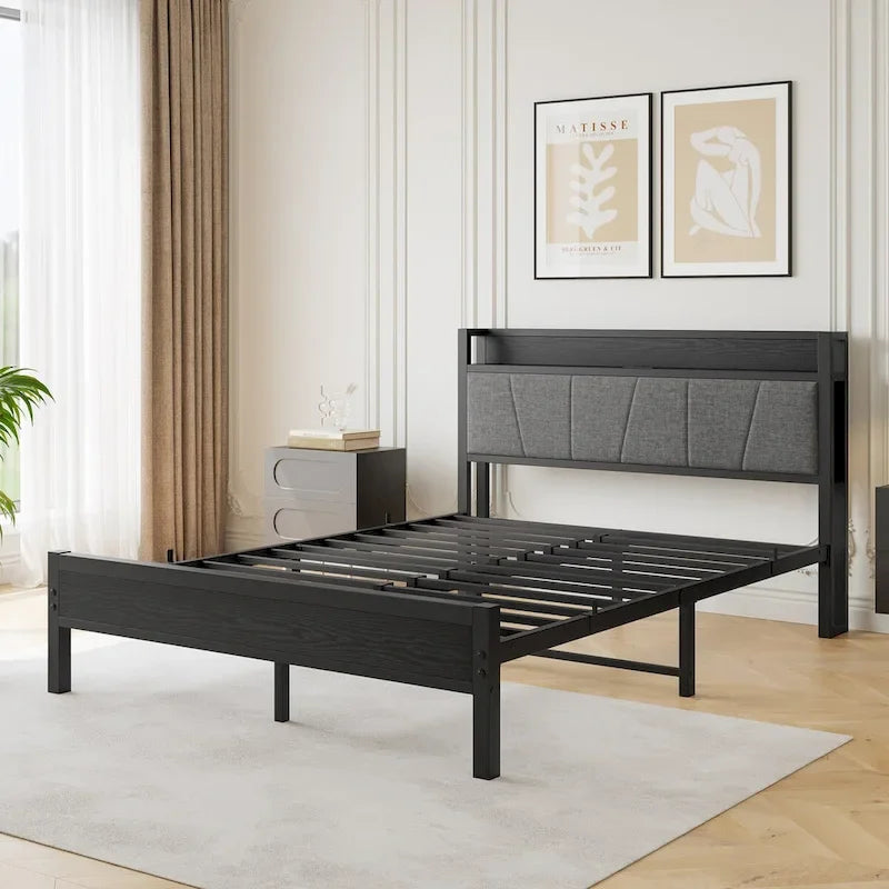 Cadre de lit plateforme Queen noir avec tête de lit de rangement, 1 personne, métal et bois