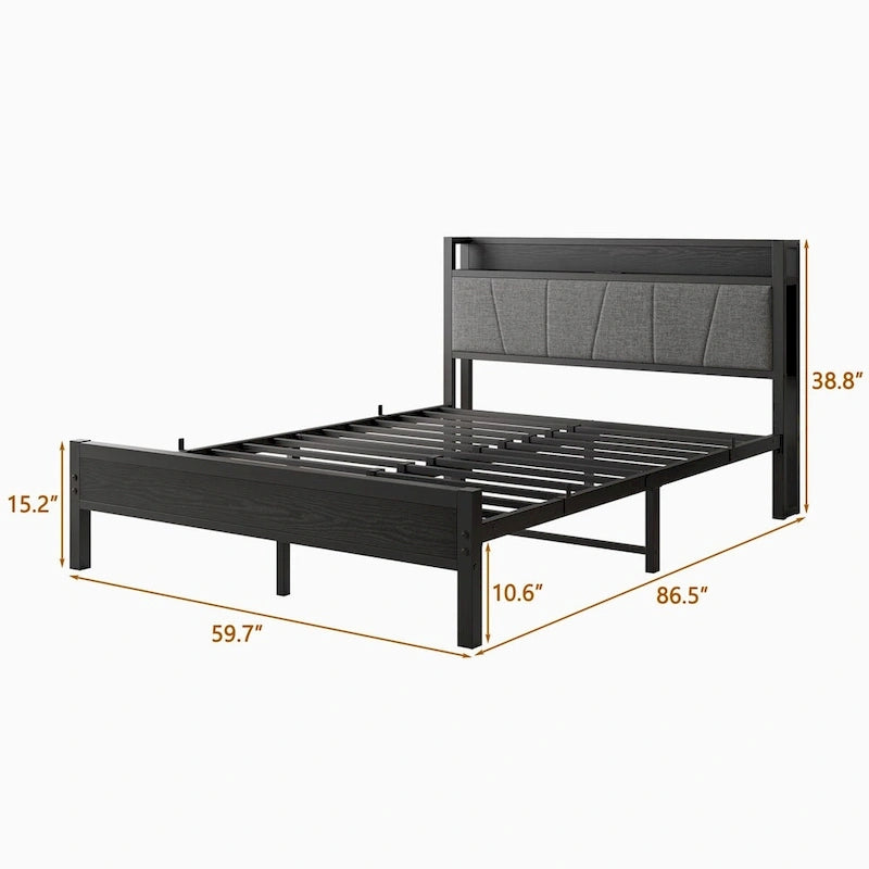 Cadre de lit plateforme Queen noir avec tête de lit de rangement, 1 personne, métal et bois