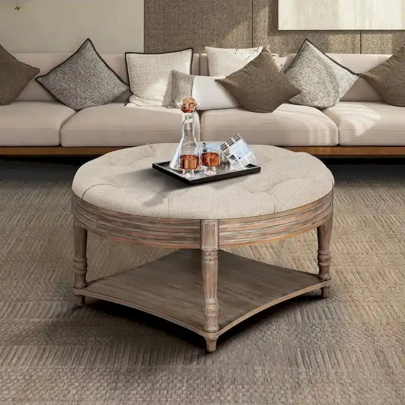 Pouf rond capitonné gris clair avec plateau en bois, 2 niveaux de rangement, 1 personne