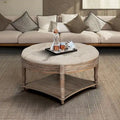 Pouf rond capitonné gris clair avec plateau en bois, 2 niveaux de rangement, 1 personne