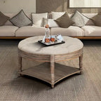 Pouf rond capitonné gris clair avec plateau en bois, 2 niveaux de rangement, 1 personne