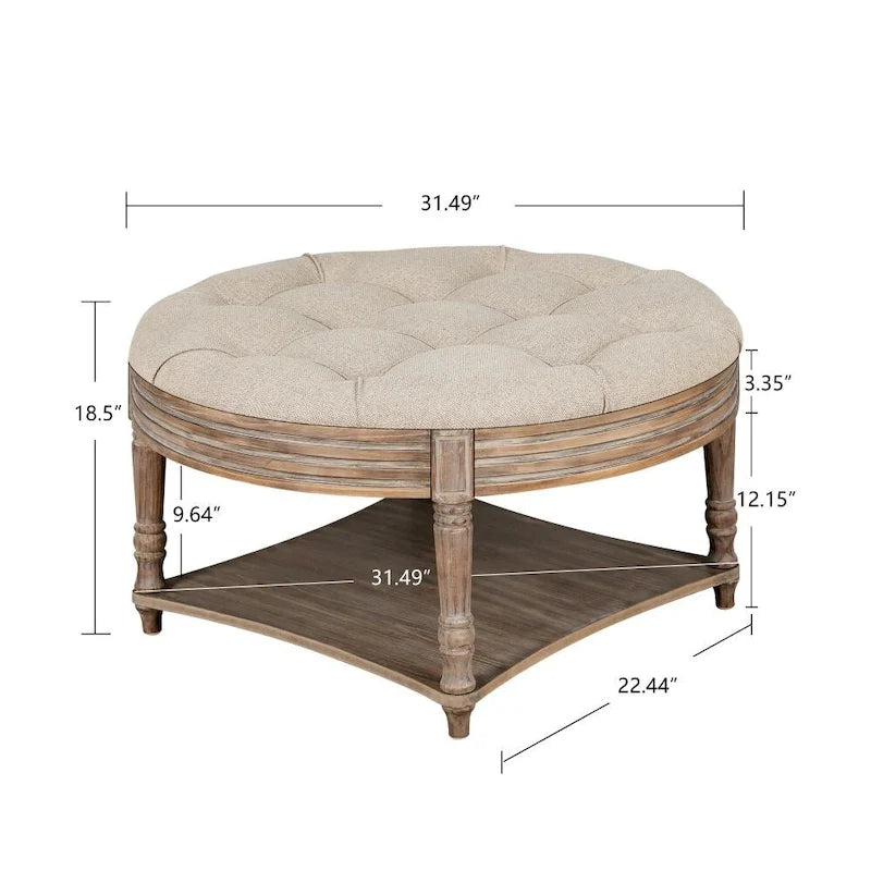 Pouf rond capitonné gris clair avec plateau en bois, 2 niveaux de rangement, 1 personne
