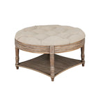 Pouf rond capitonné gris clair avec plateau en bois, 2 niveaux de rangement, 1 personne
