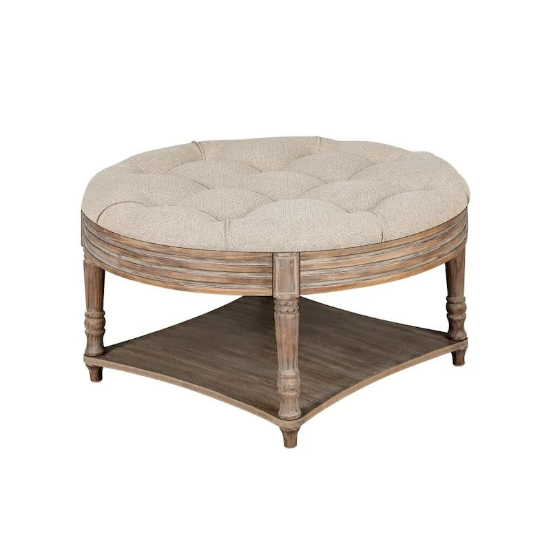Pouf rond capitonné gris clair avec plateau en bois, 2 niveaux de rangement, 1 personne