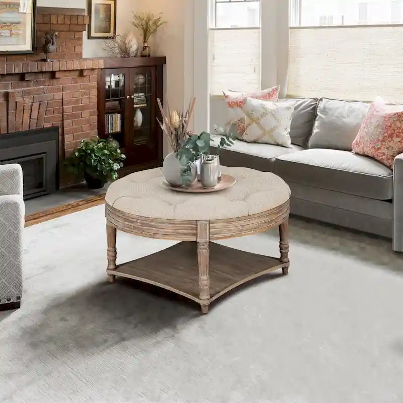 Pouf rond capitonné gris clair avec plateau en bois, 2 niveaux de rangement, 1 personne