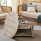 Pouf rond capitonné gris clair avec plateau en bois, 2 niveaux de rangement, 1 personne