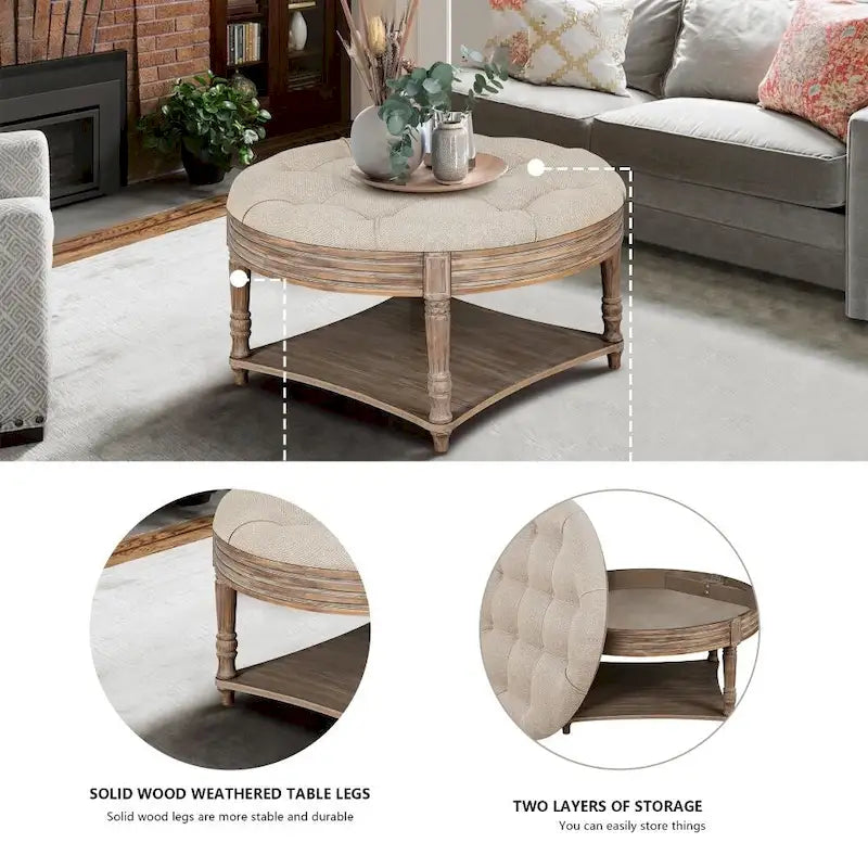 Pouf rond capitonné gris clair avec plateau en bois, 2 niveaux de rangement, 1 personne