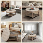 Pouf rond capitonné gris clair avec plateau en bois, 2 niveaux de rangement, 1 personne