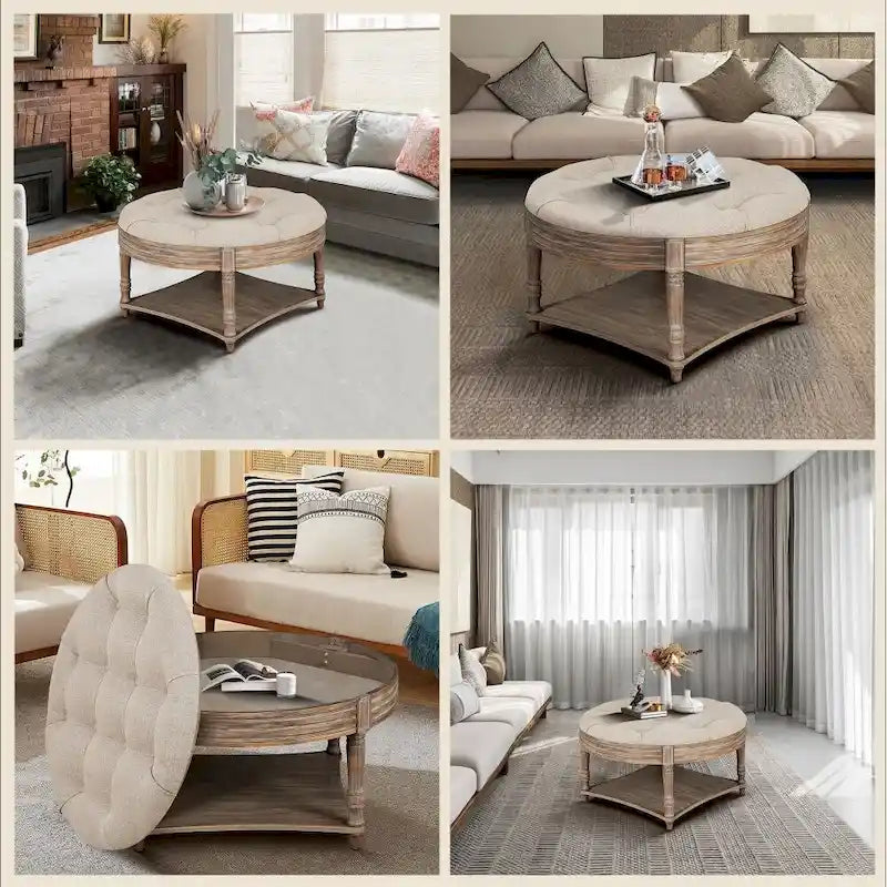 Pouf rond capitonné gris clair avec plateau en bois, 2 niveaux de rangement, 1 personne