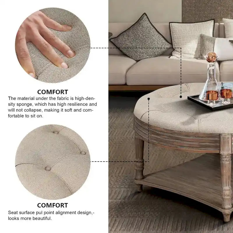Pouf rond capitonné gris clair avec plateau en bois, 2 niveaux de rangement, 1 personne