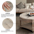 Pouf rond capitonné gris clair avec plateau en bois, 2 niveaux de rangement, 1 personne