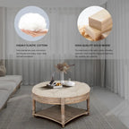 Pouf rond capitonné gris clair avec plateau en bois, 2 niveaux de rangement, 1 personne