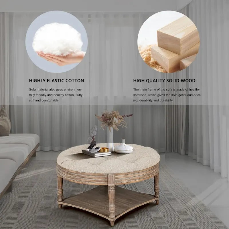 Pouf rond capitonné gris clair avec plateau en bois, 2 niveaux de rangement, 1 personne