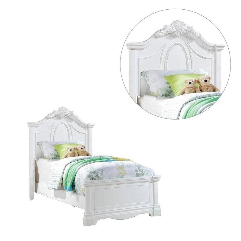 Lit à tête de lit arquée en bois blanc, jumeau / double, 1 à 2 personnes